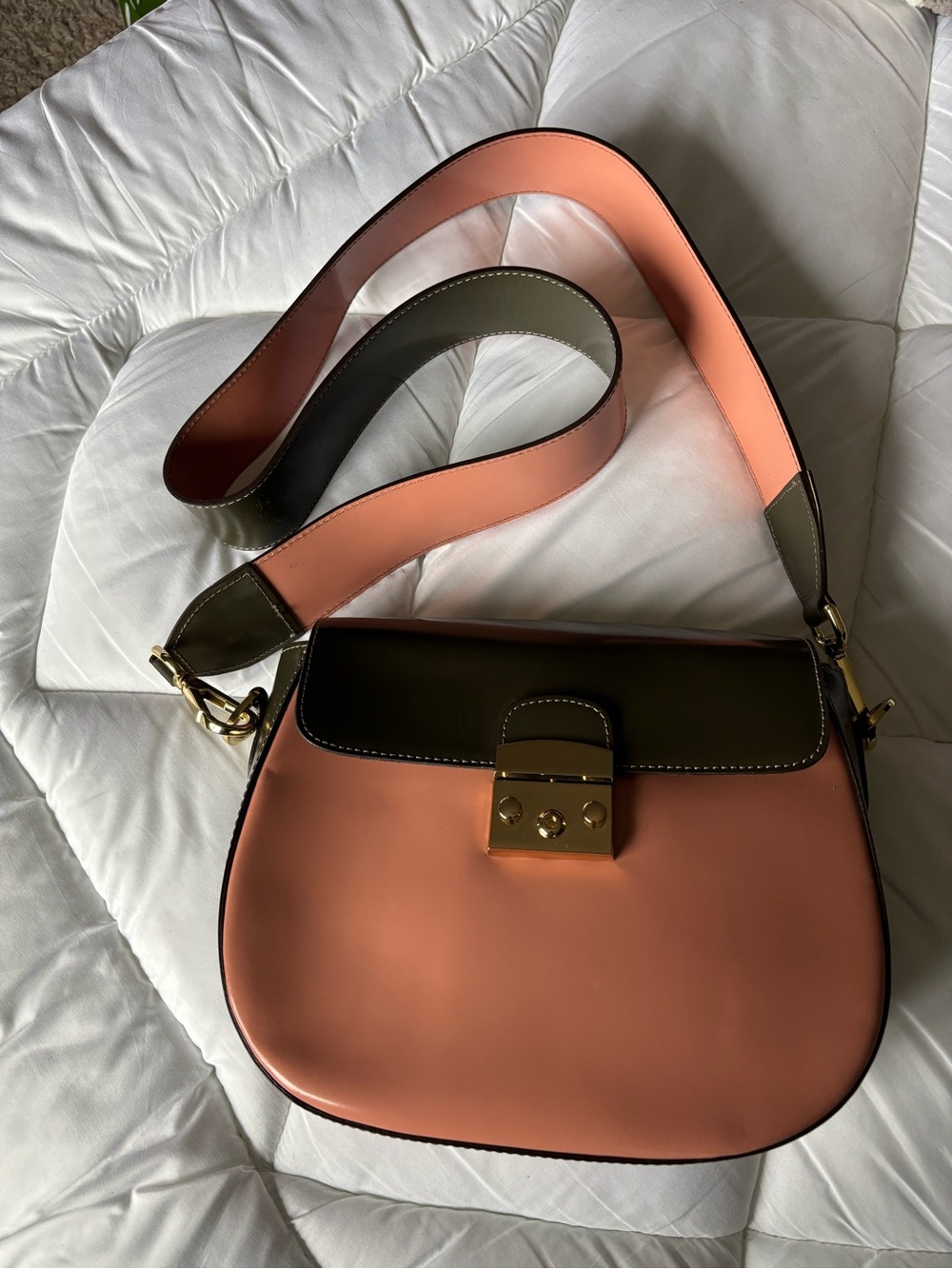 Two-Tone Peach and Olive Leather Crossbody Bag with Gold Lock